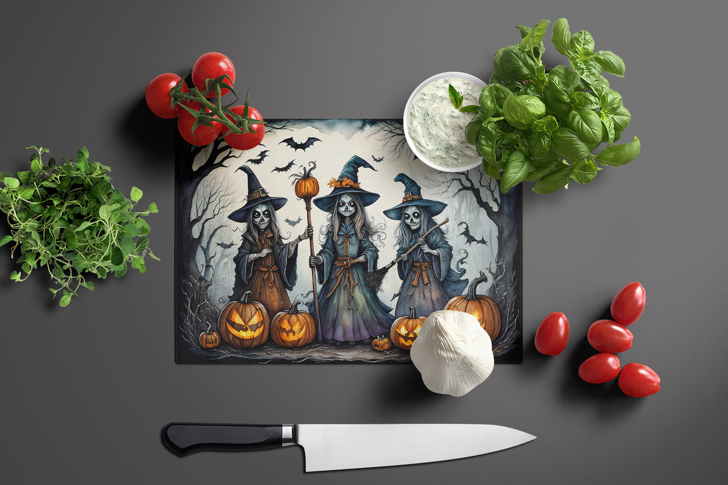 Witches Spooky Halloween Glass Cutting Board