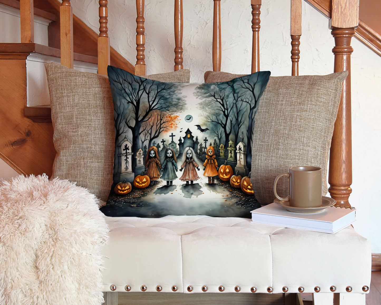 Creepy Dolls Spooky Halloween Throw Pillow