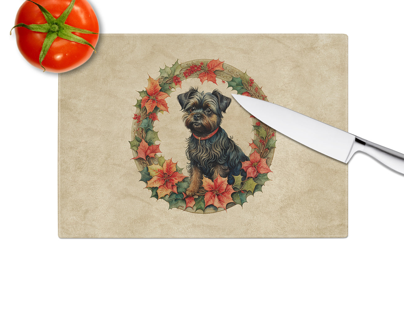 Affenpinscher Christmas Flowers Glass Cutting Board