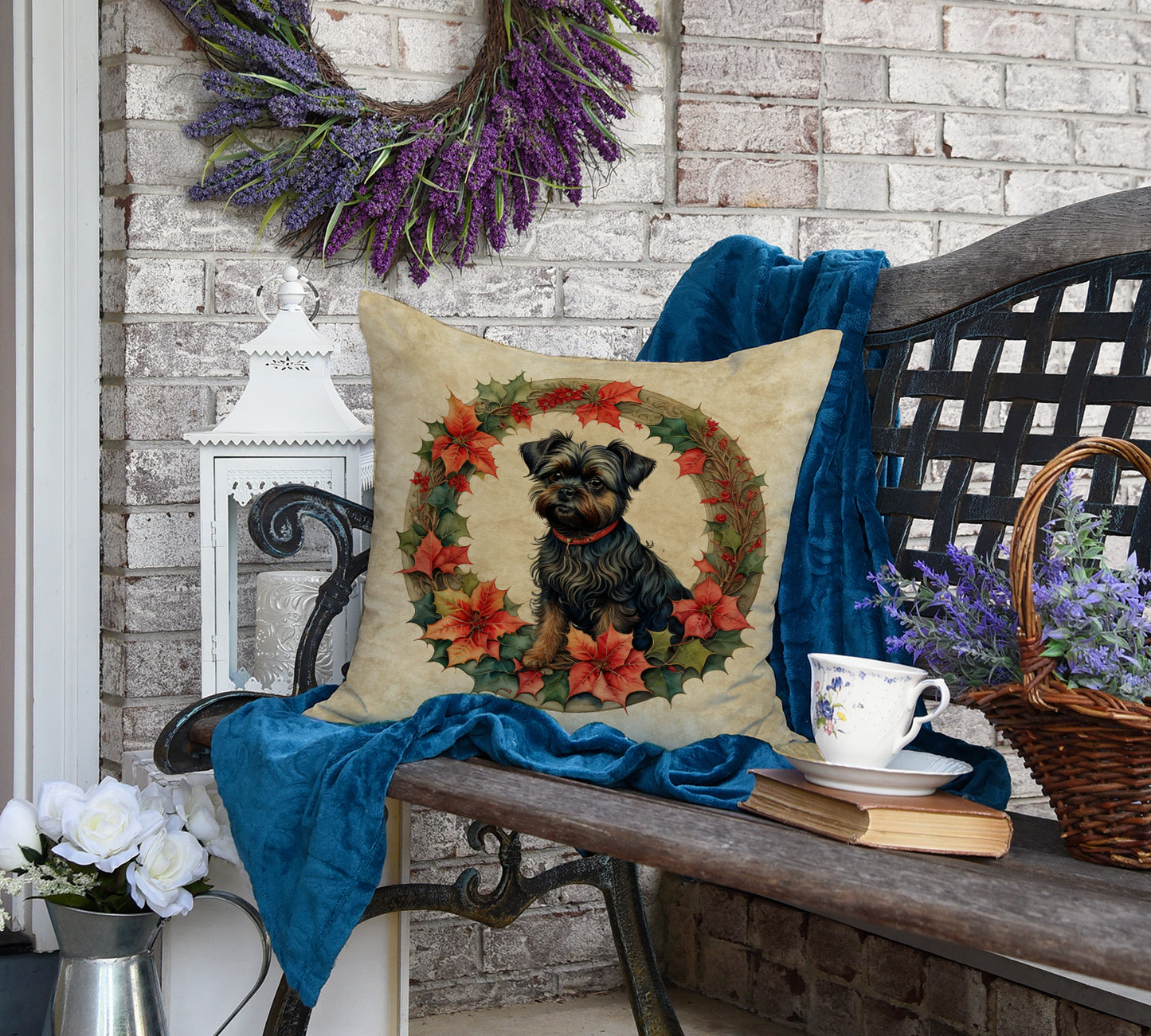 Affenpinscher Christmas Flowers Throw Pillow