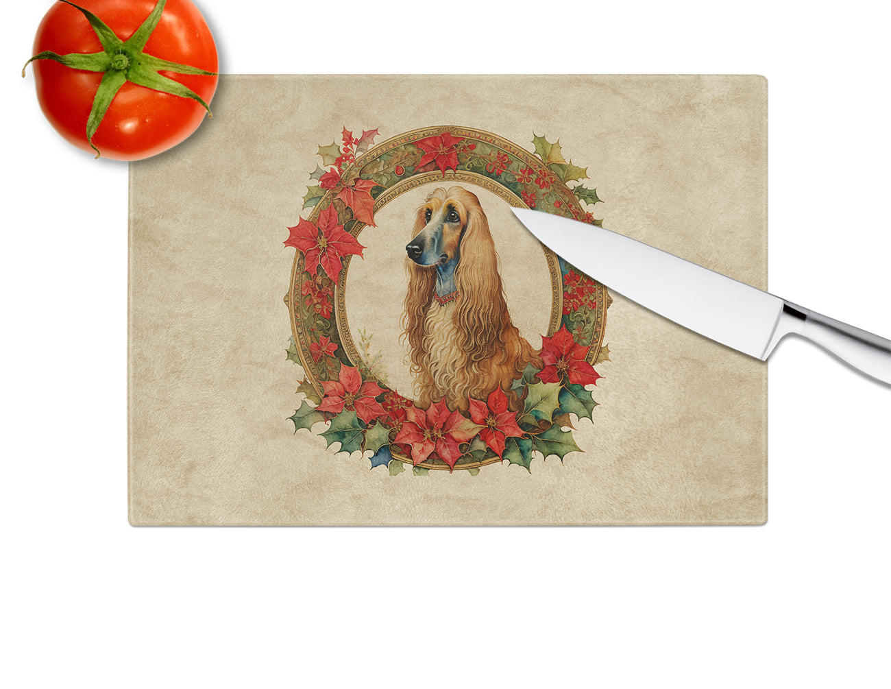 Afghan Hound Christmas Flowers Glass Cutting Board