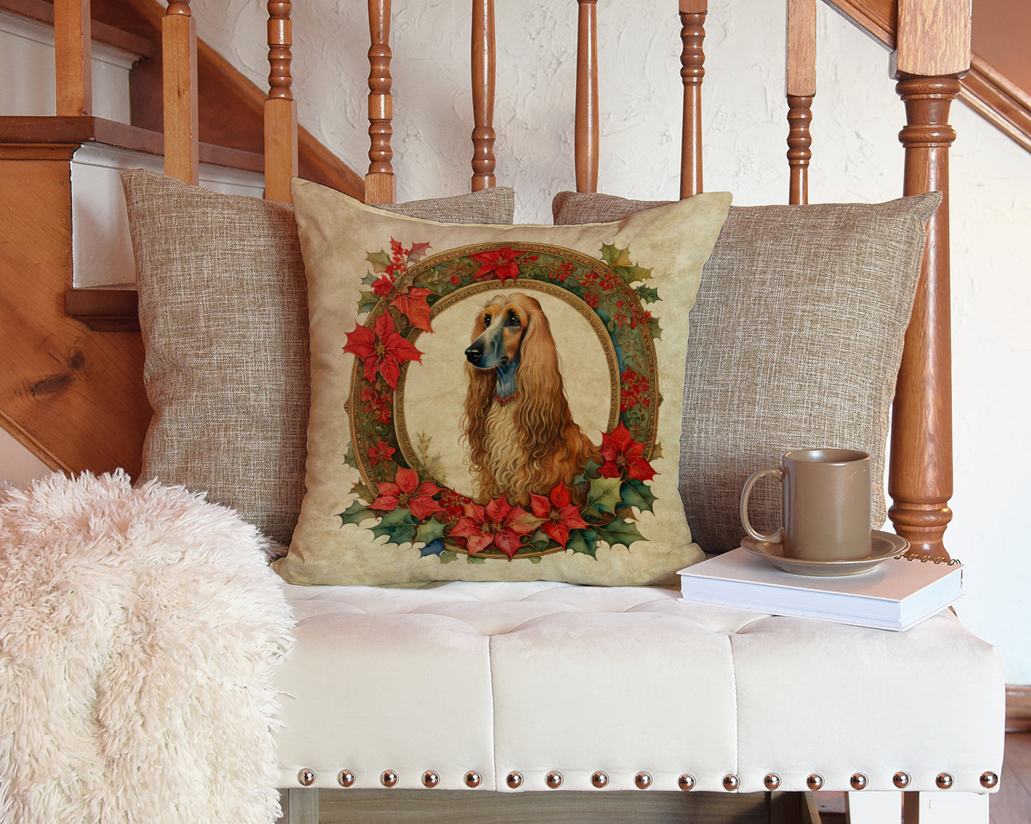 Afghan Hound Christmas Flowers Throw Pillow