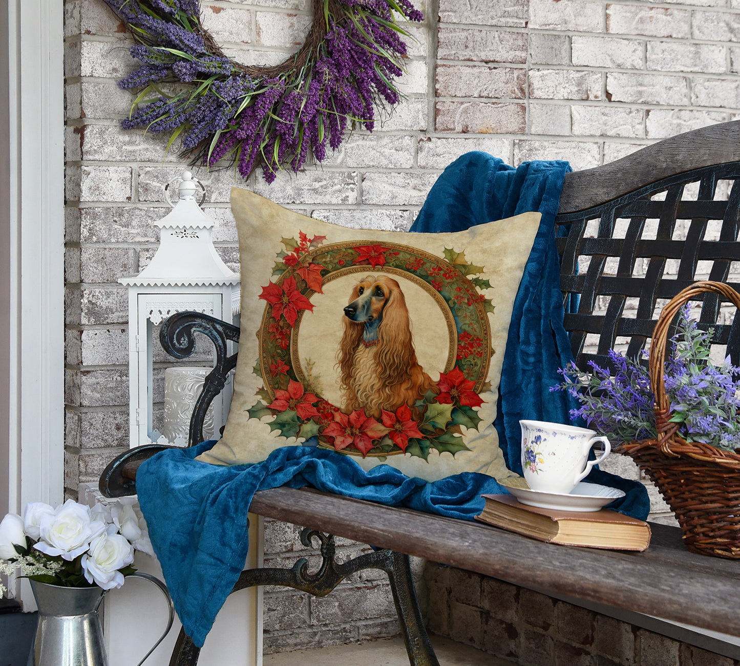 Afghan Hound Christmas Flowers Throw Pillow