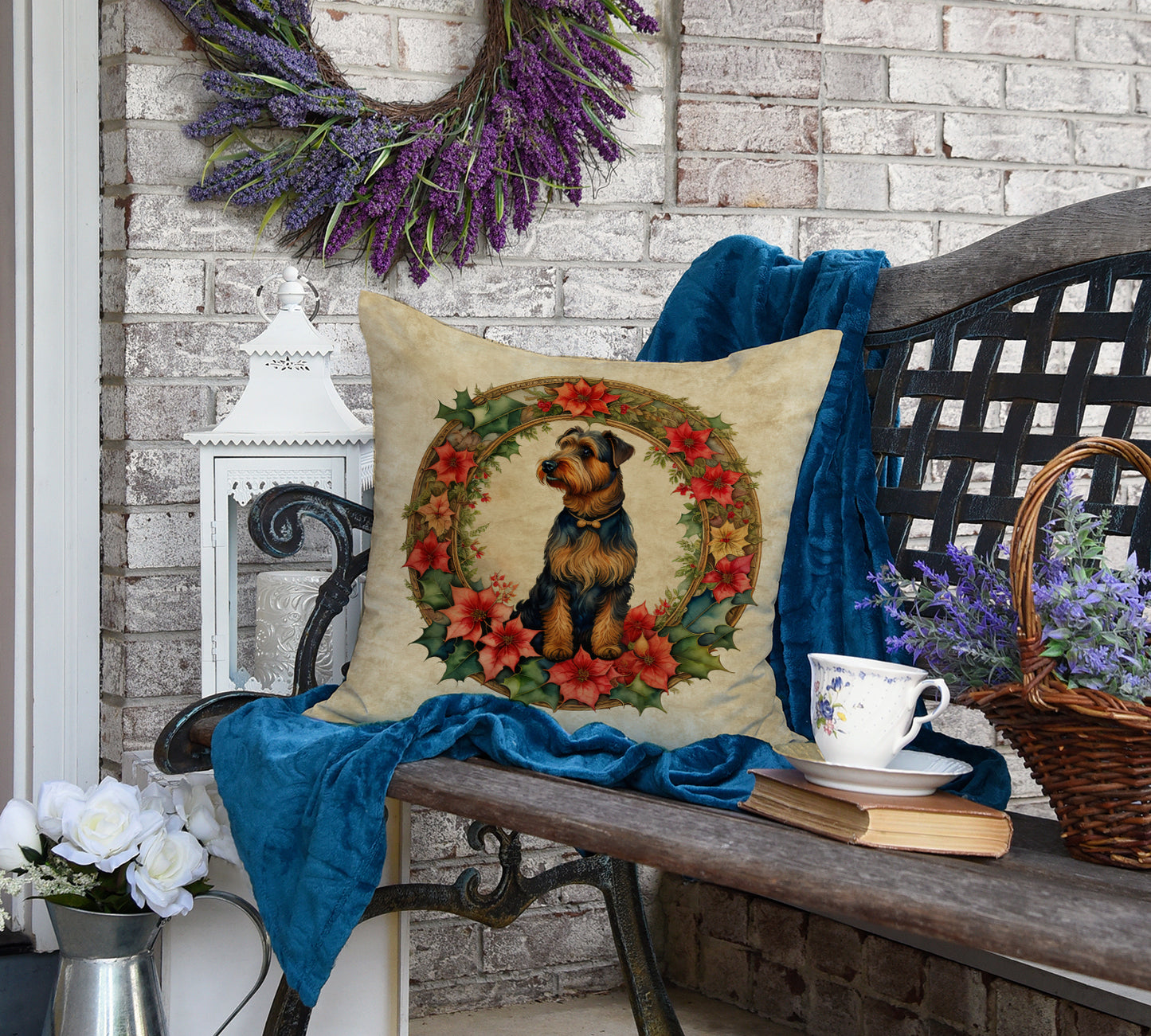 Airedale Terrier Christmas Flowers Throw Pillow