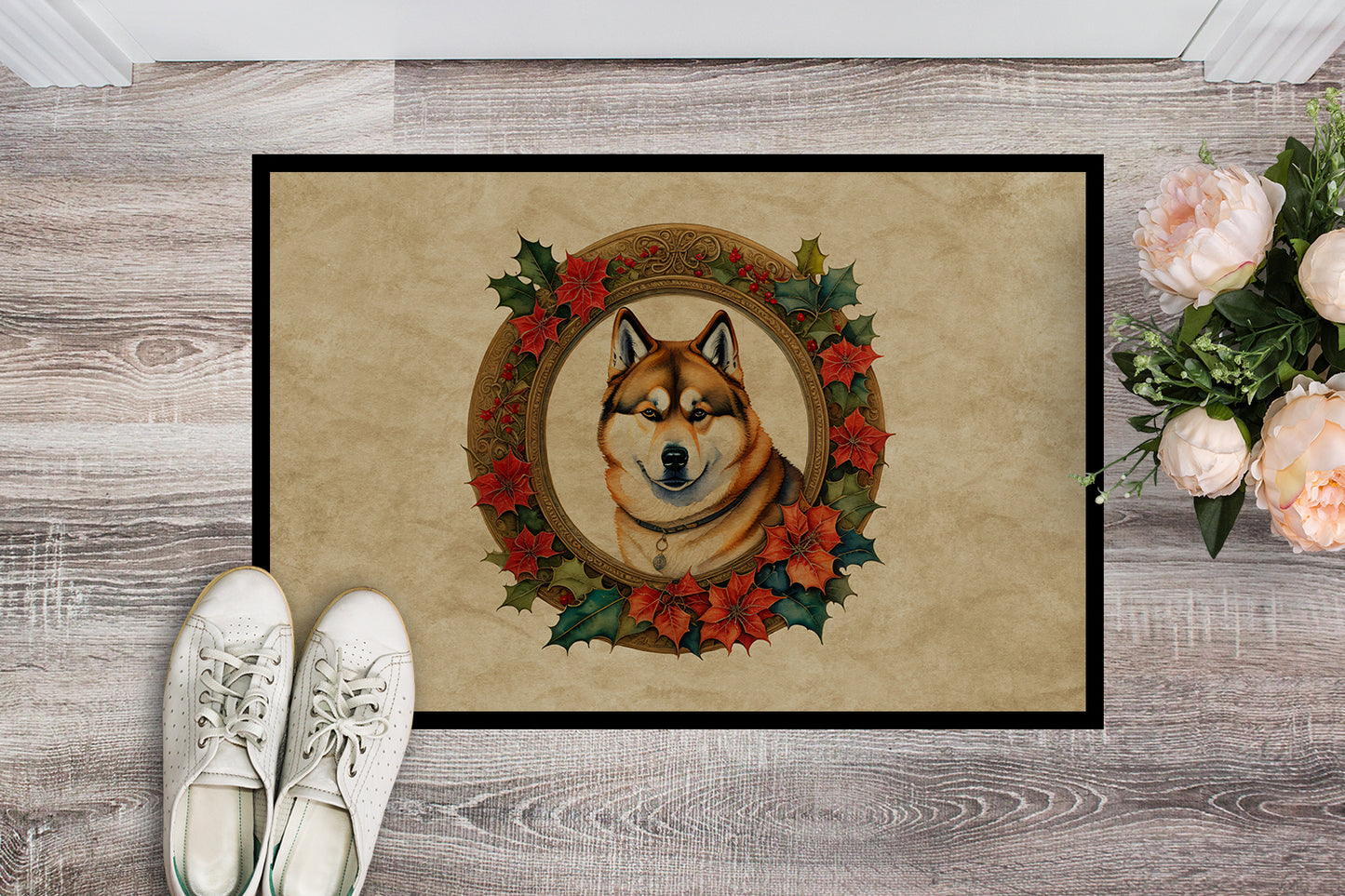 Akita Christmas Flowers Doormat