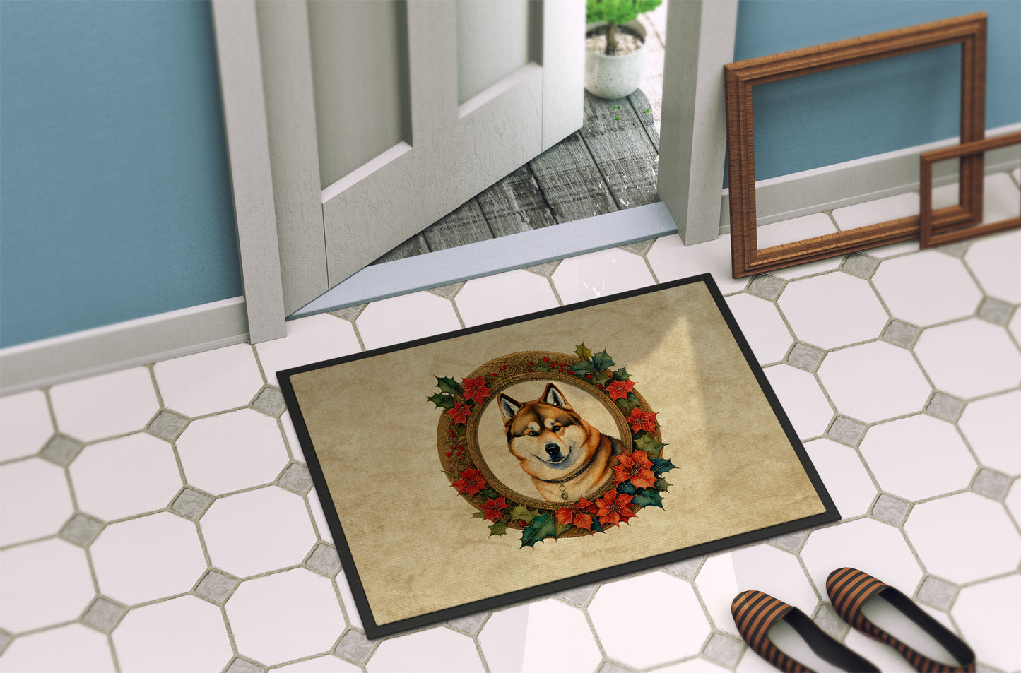 Akita Christmas Flowers Doormat