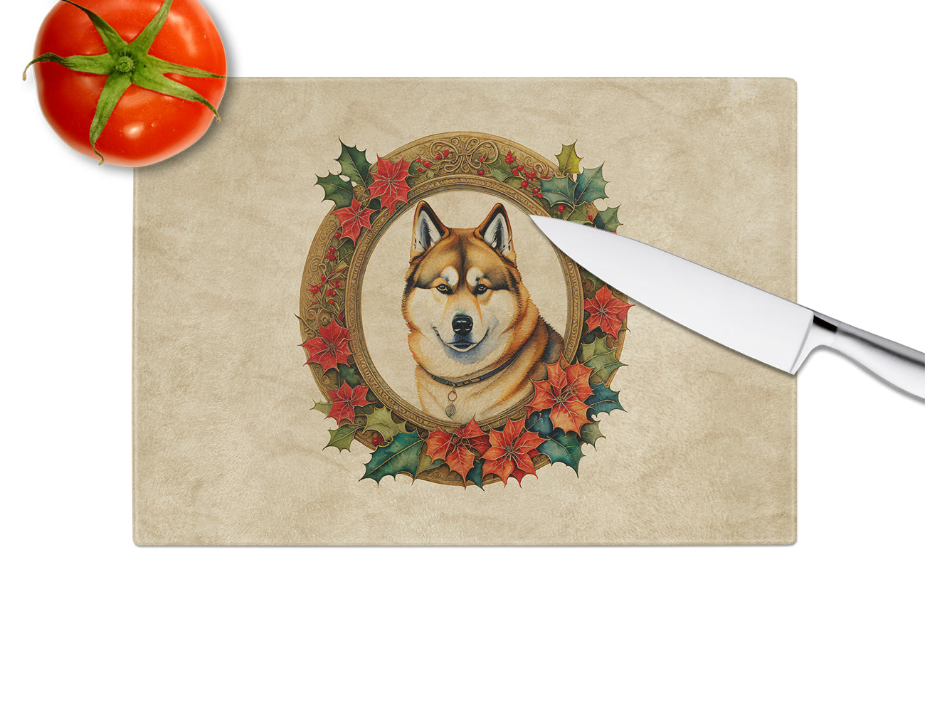 Akita Christmas Flowers Glass Cutting Board