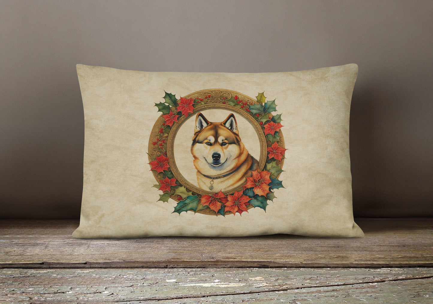 Akita Christmas Flowers Throw Pillow