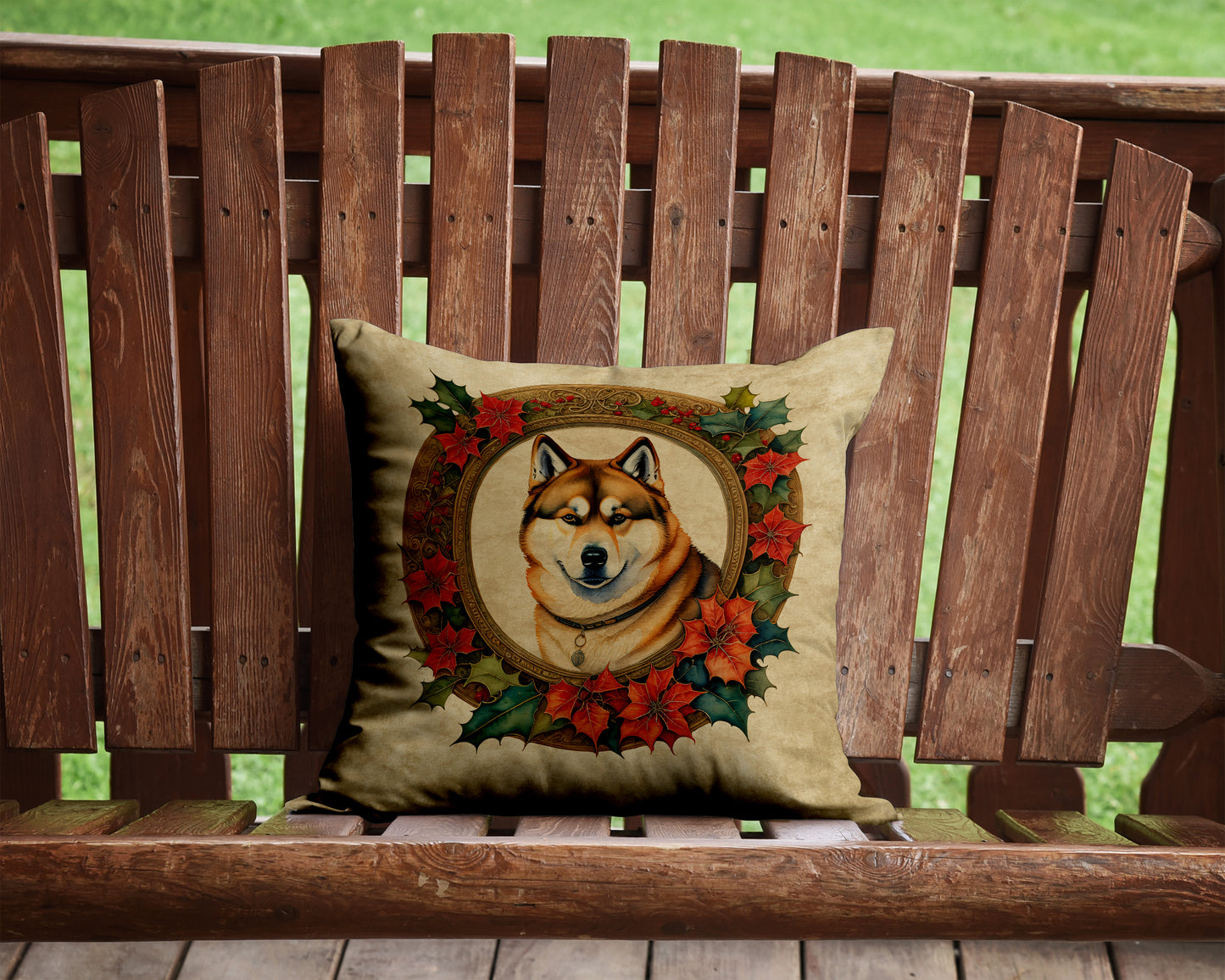 Akita Christmas Flowers Throw Pillow