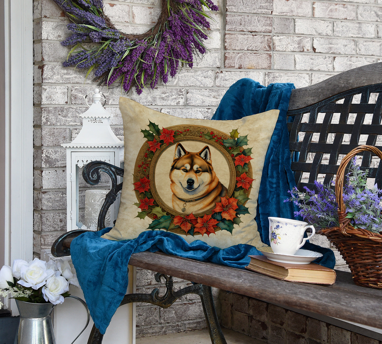 Akita Christmas Flowers Throw Pillow