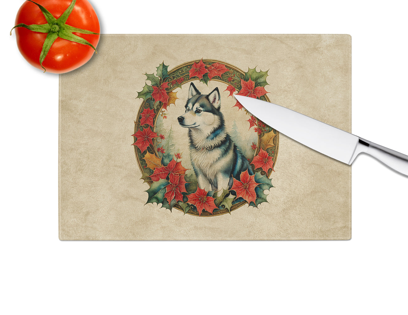 Alaskan Klee Kai Christmas Flowers Glass Cutting Board