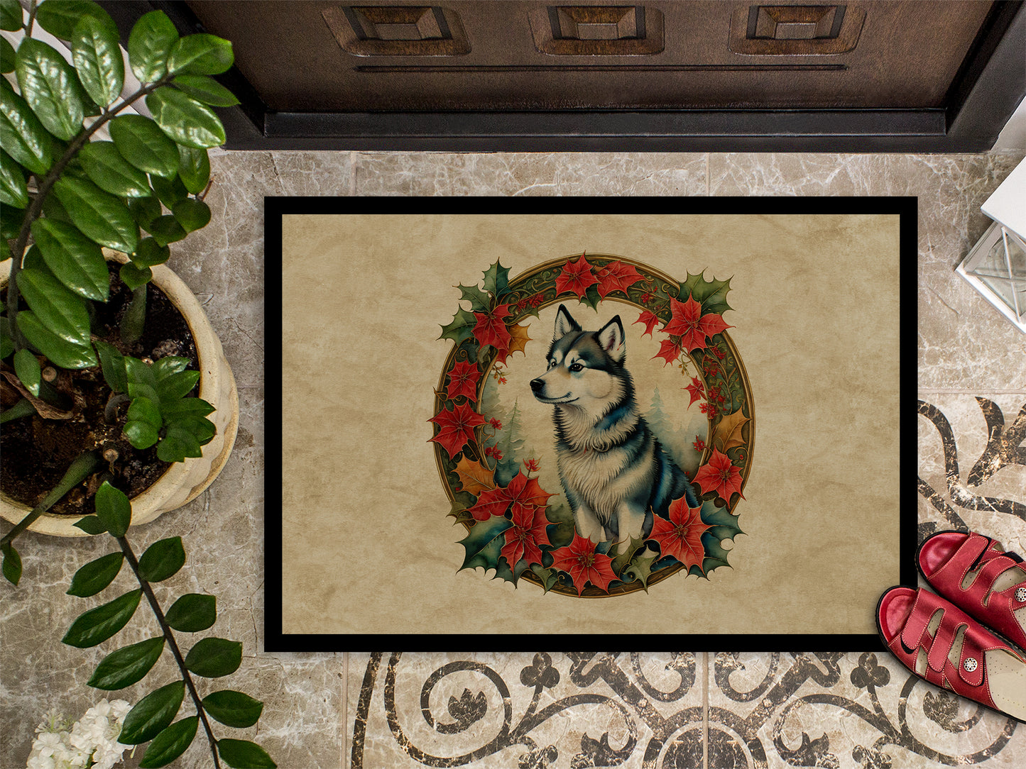 Alaskan Klee Kai Christmas Flowers Doormat