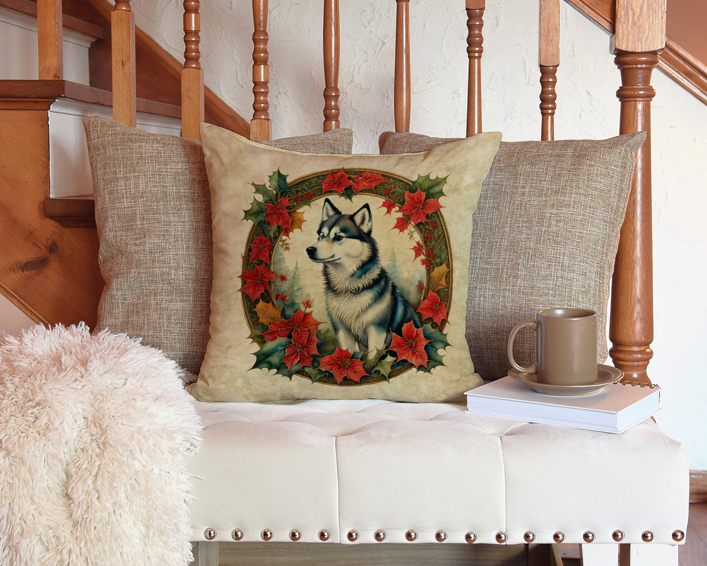 Alaskan Klee Kai Christmas Flowers Throw Pillow