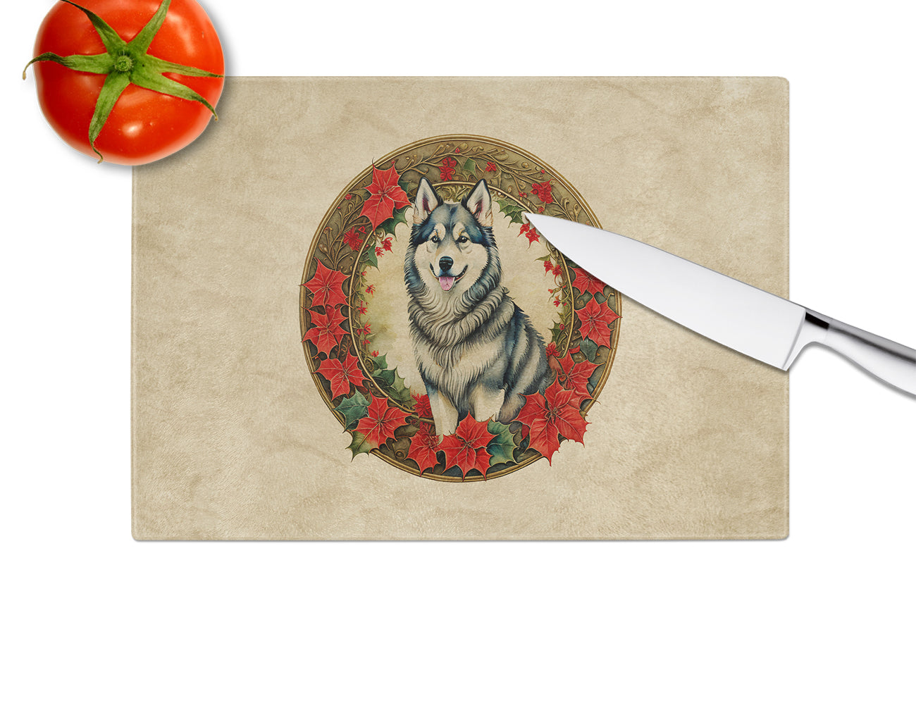 Alaskan Malamute Christmas Flowers Glass Cutting Board