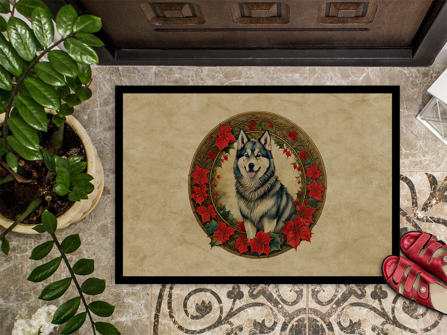 Alaskan Malamute Christmas Flowers Doormat