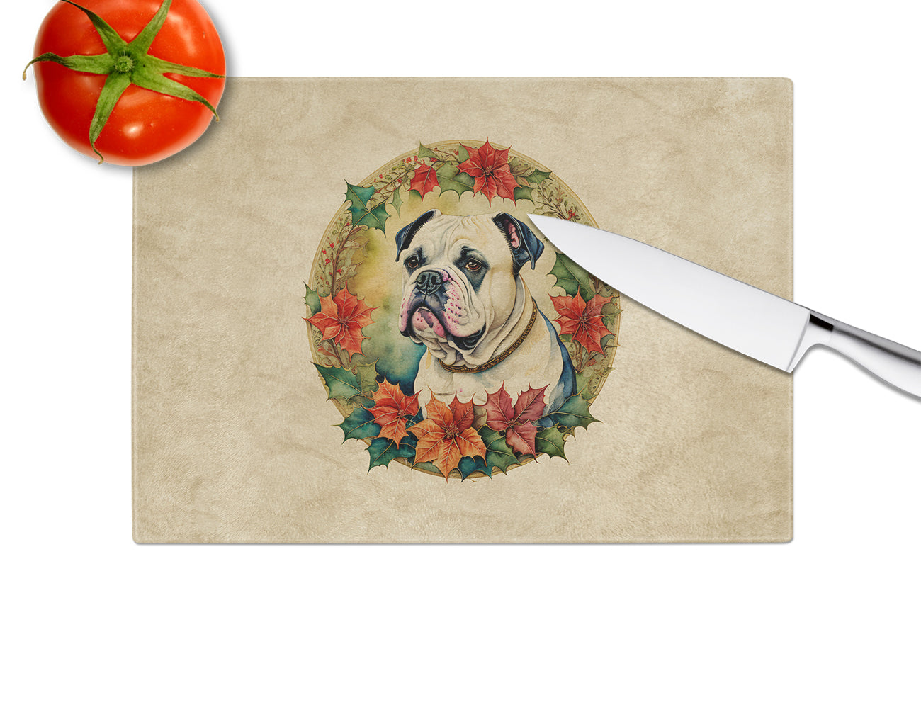 American Bulldog Christmas Flowers Glass Cutting Board