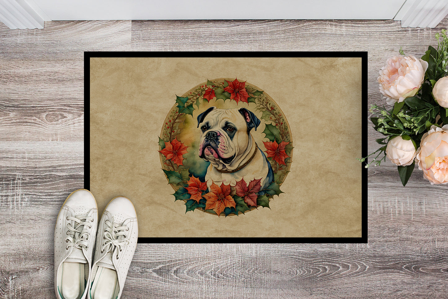 American Bulldog Christmas Flowers Doormat