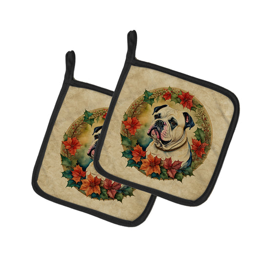 Buy this American Bulldog Christmas Flowers Pair of Pot Holders