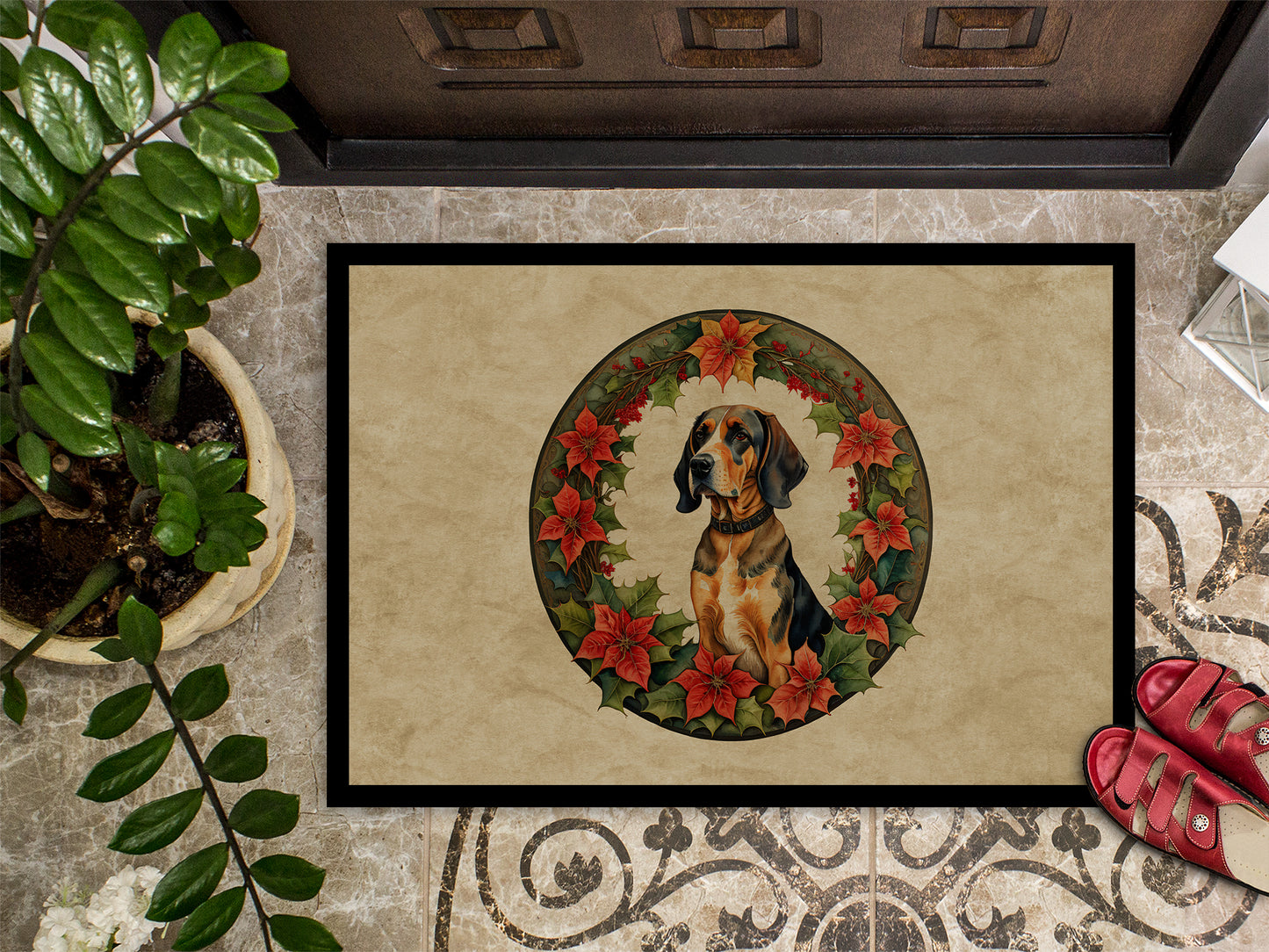 American English Coonhound Christmas Flowers Doormat