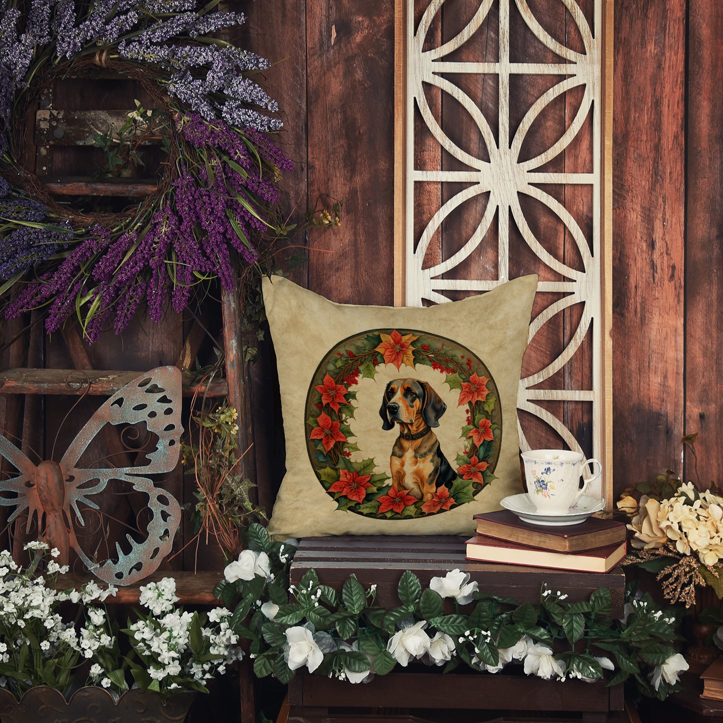 American English Coonhound Christmas Flowers Throw Pillow