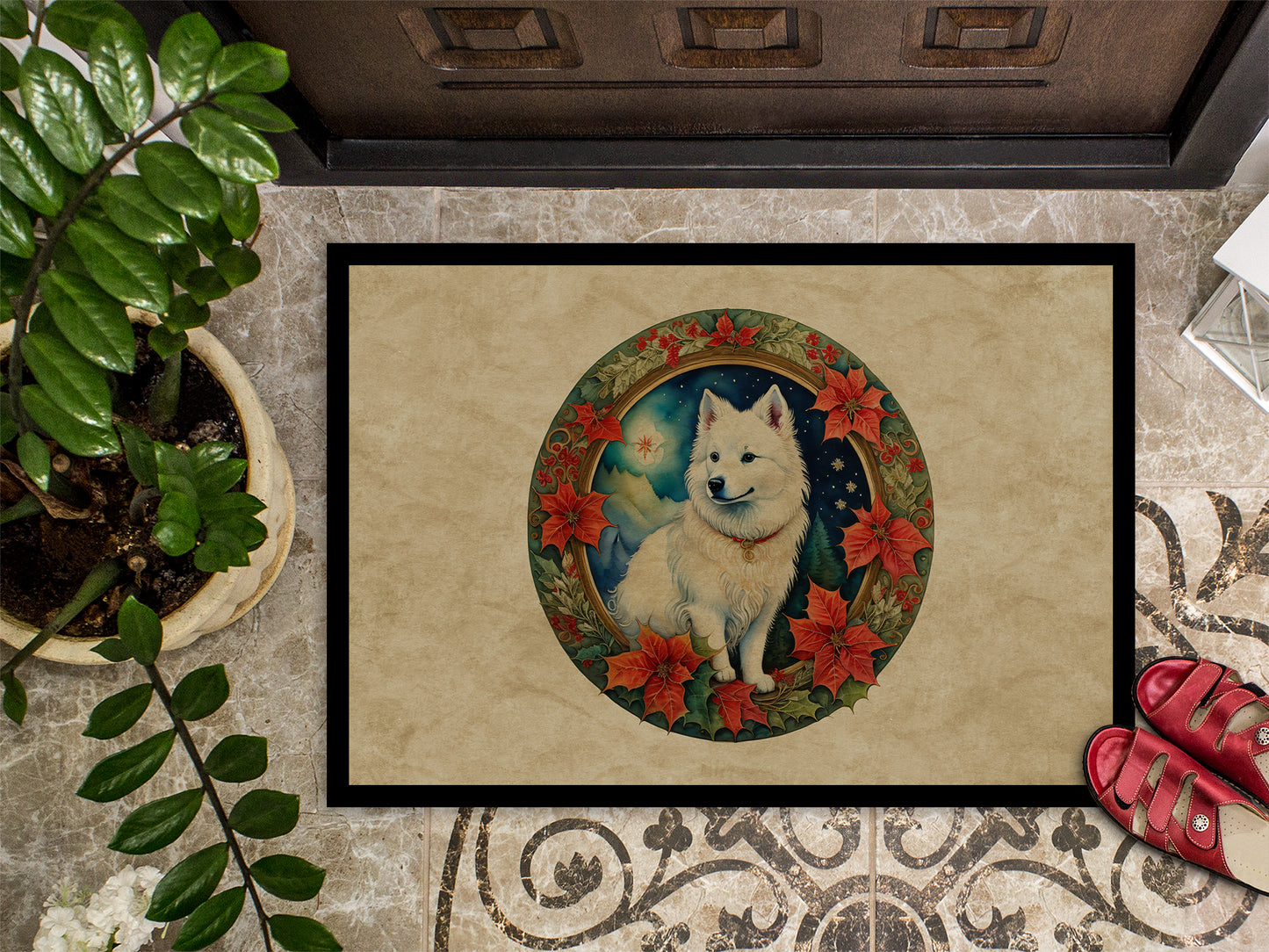 American Eskimo Christmas Flowers Doormat