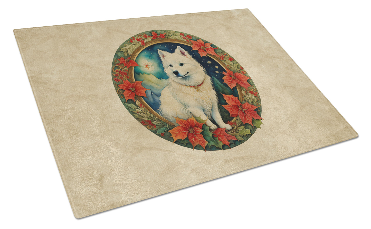 Buy this American Eskimo Christmas Flowers Glass Cutting Board