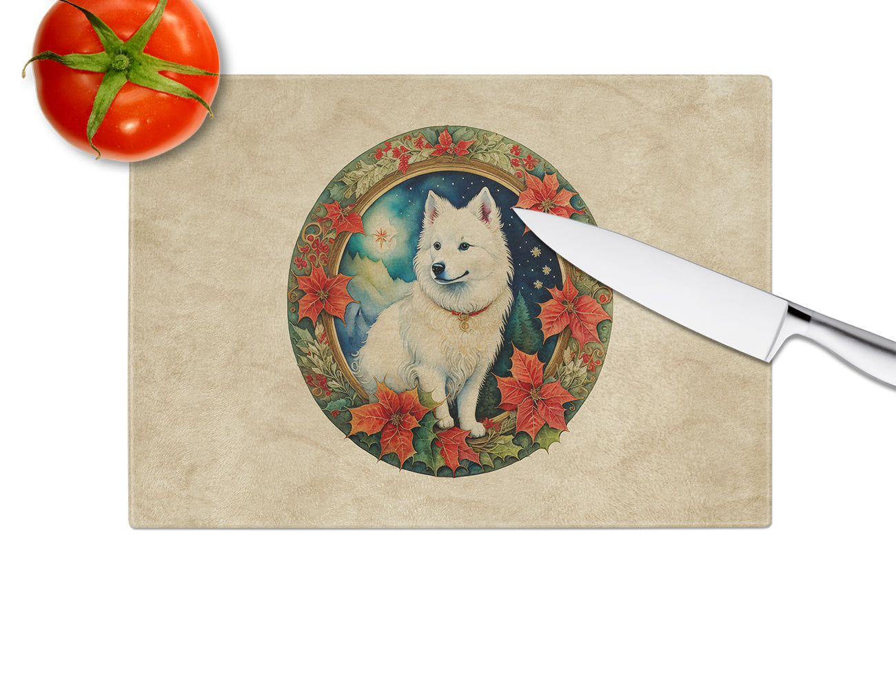 American Eskimo Christmas Flowers Glass Cutting Board