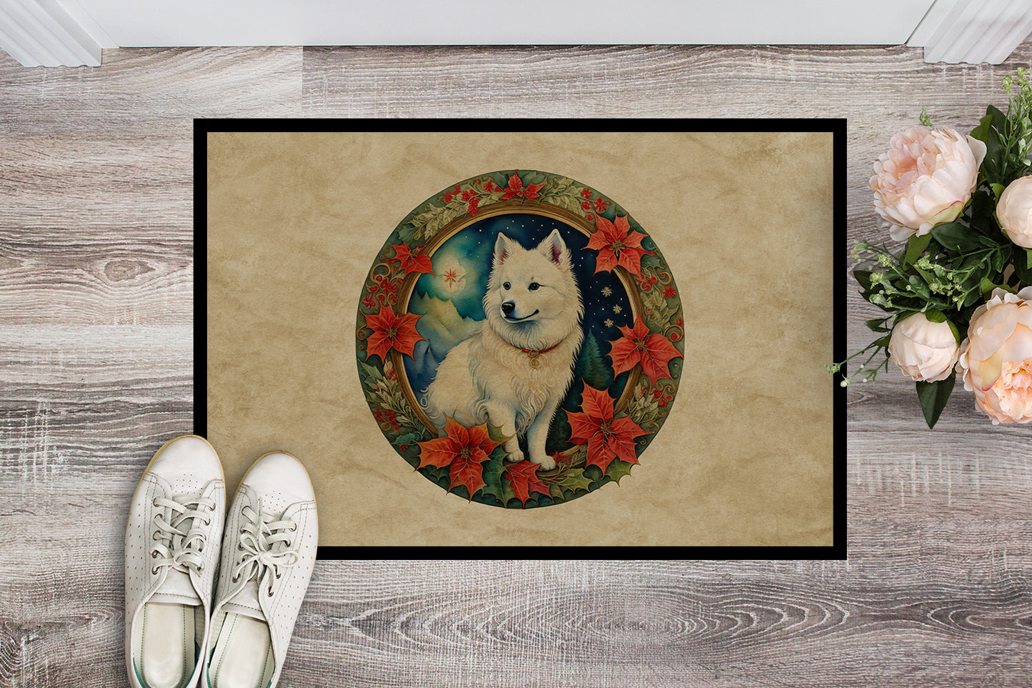 American Eskimo Christmas Flowers Doormat