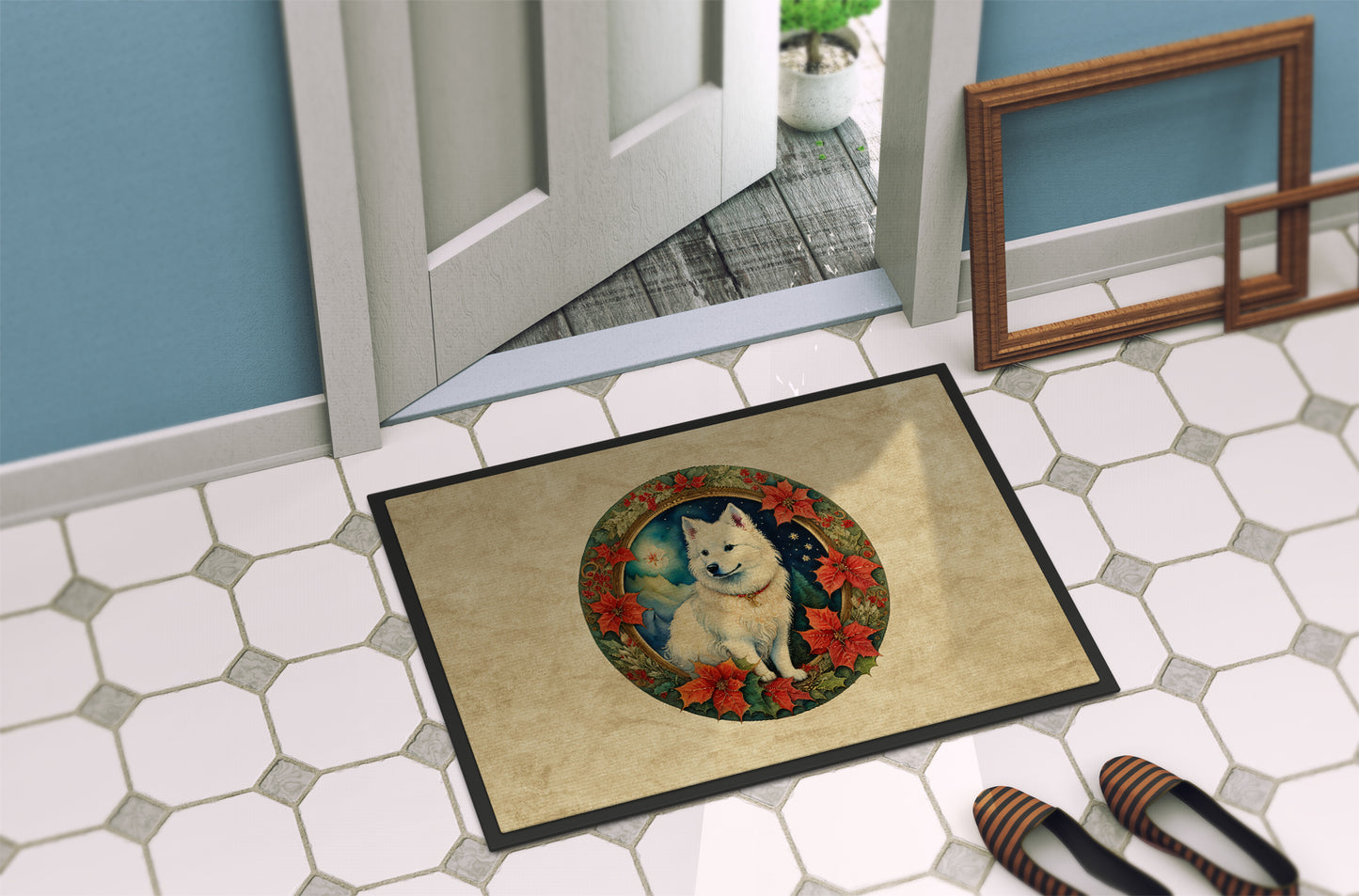 American Eskimo Christmas Flowers Doormat