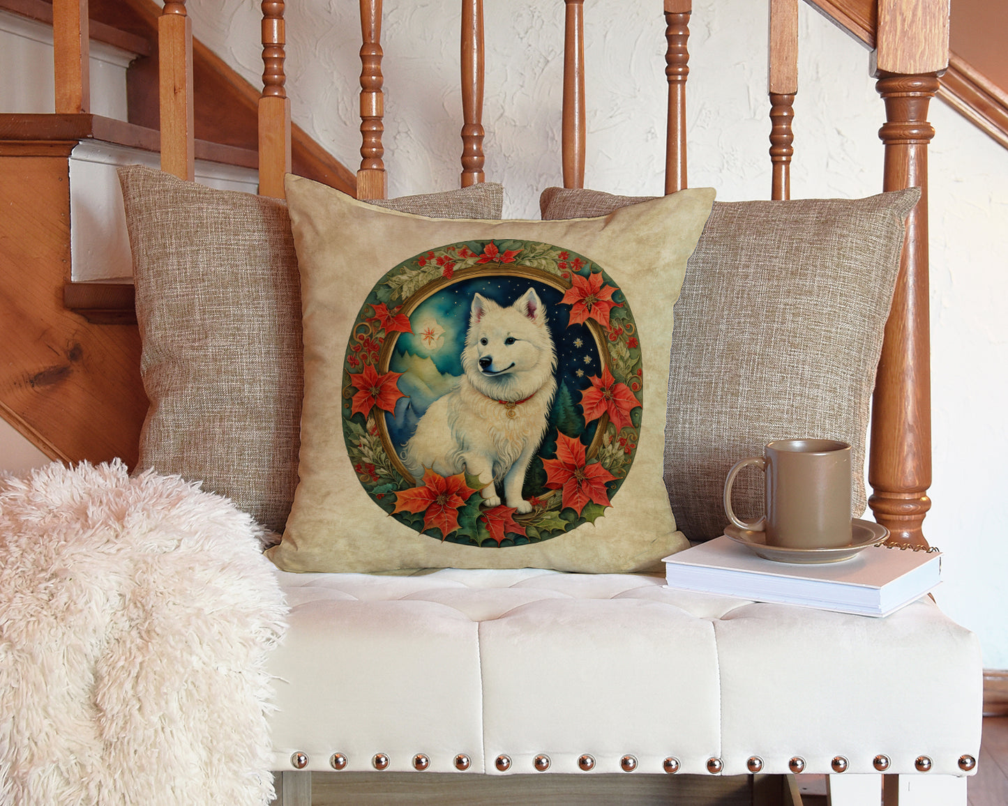 American Eskimo Christmas Flowers Throw Pillow