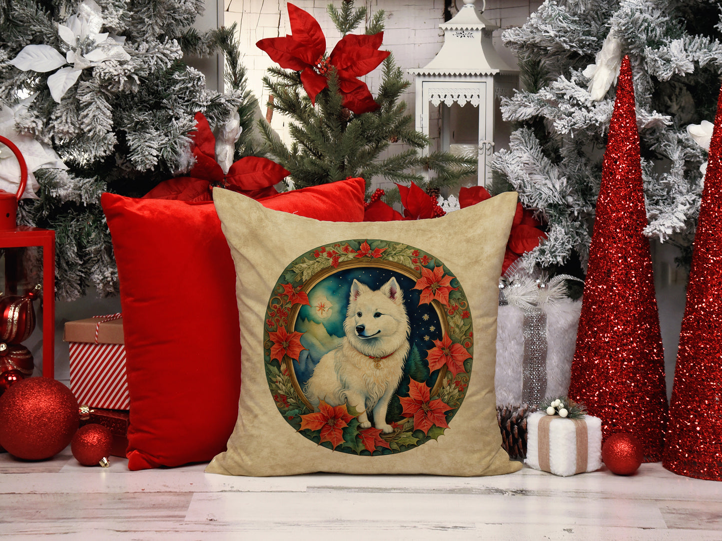 American Eskimo Christmas Flowers Throw Pillow