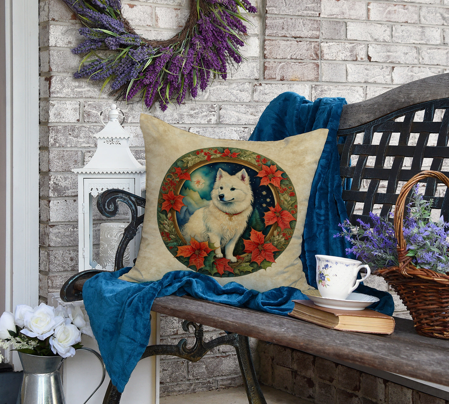 American Eskimo Christmas Flowers Throw Pillow