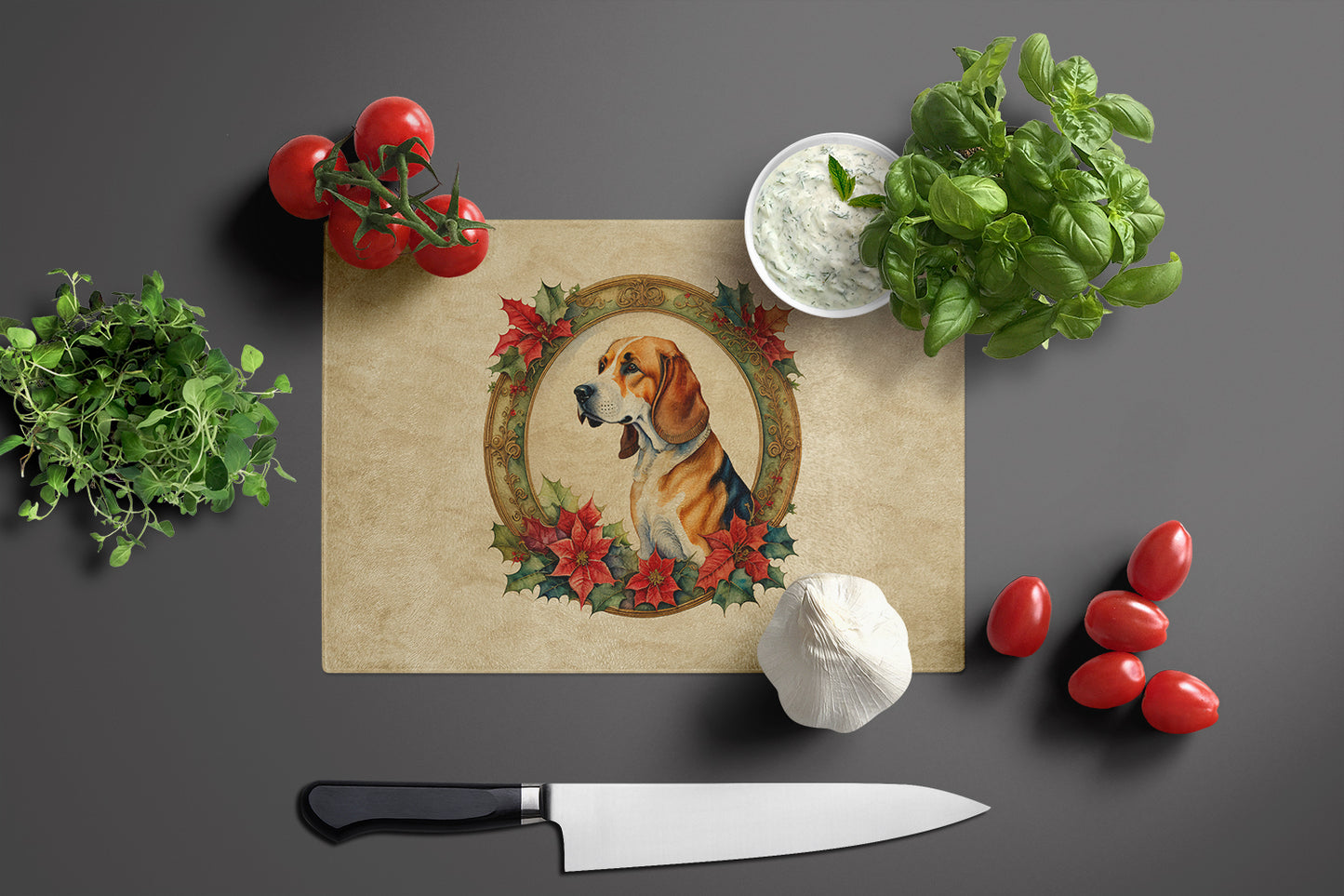 American Foxhound Christmas Flowers Glass Cutting Board