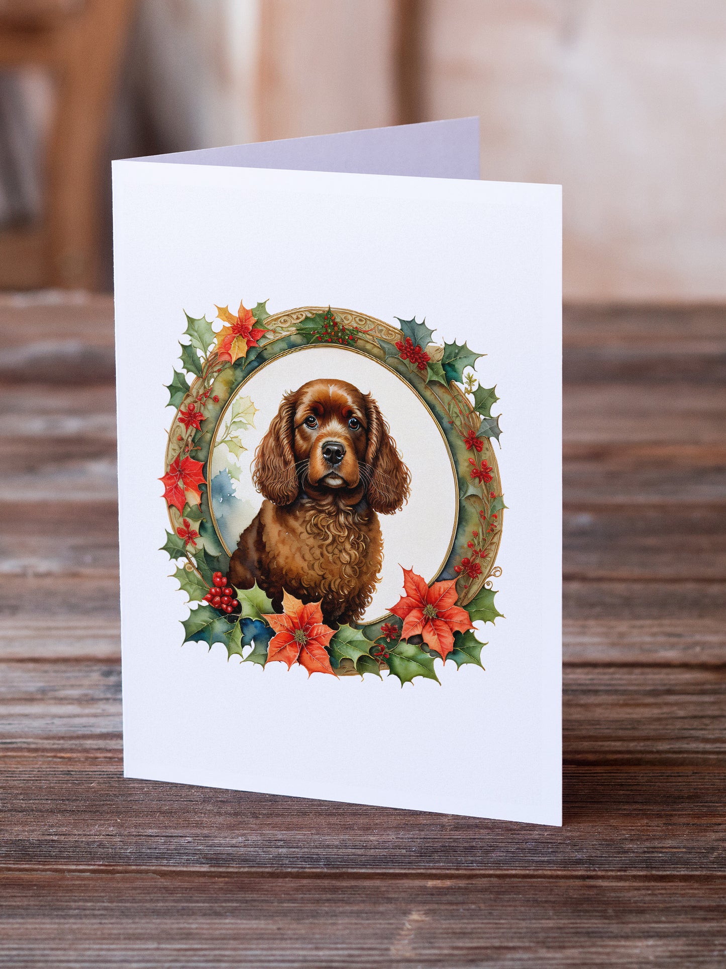 American Water Spaniel Christmas Flowers Greeting Cards Pack of 8