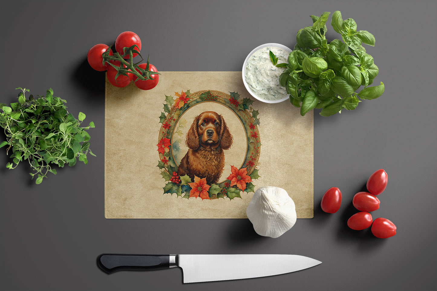 American Water Spaniel Christmas Flowers Glass Cutting Board