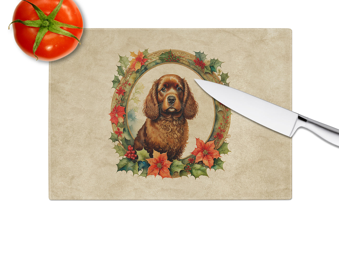 American Water Spaniel Christmas Flowers Glass Cutting Board