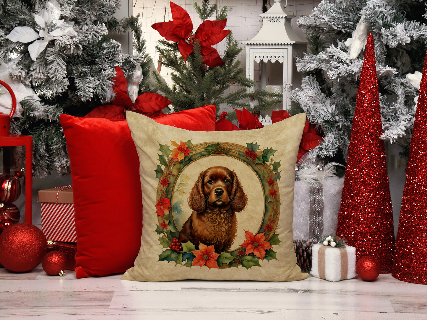 American Water Spaniel Christmas Flowers Throw Pillow