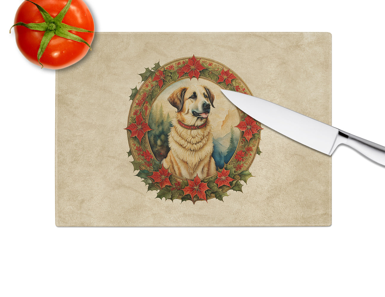 Anatolian Shepherd Dog Christmas Flowers Glass Cutting Board