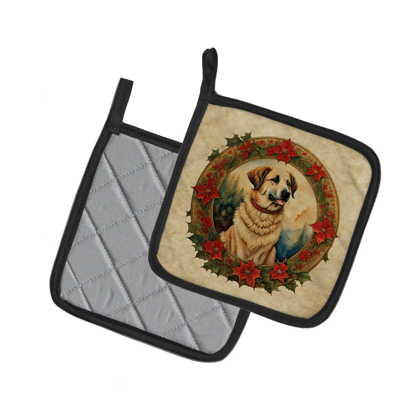 Anatolian Shepherd Dog Christmas Flowers Pair of Pot Holders