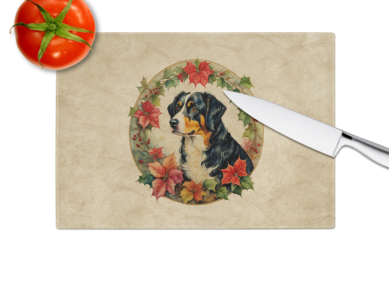 Appenzeller Sennenhund Christmas Flowers Glass Cutting Board