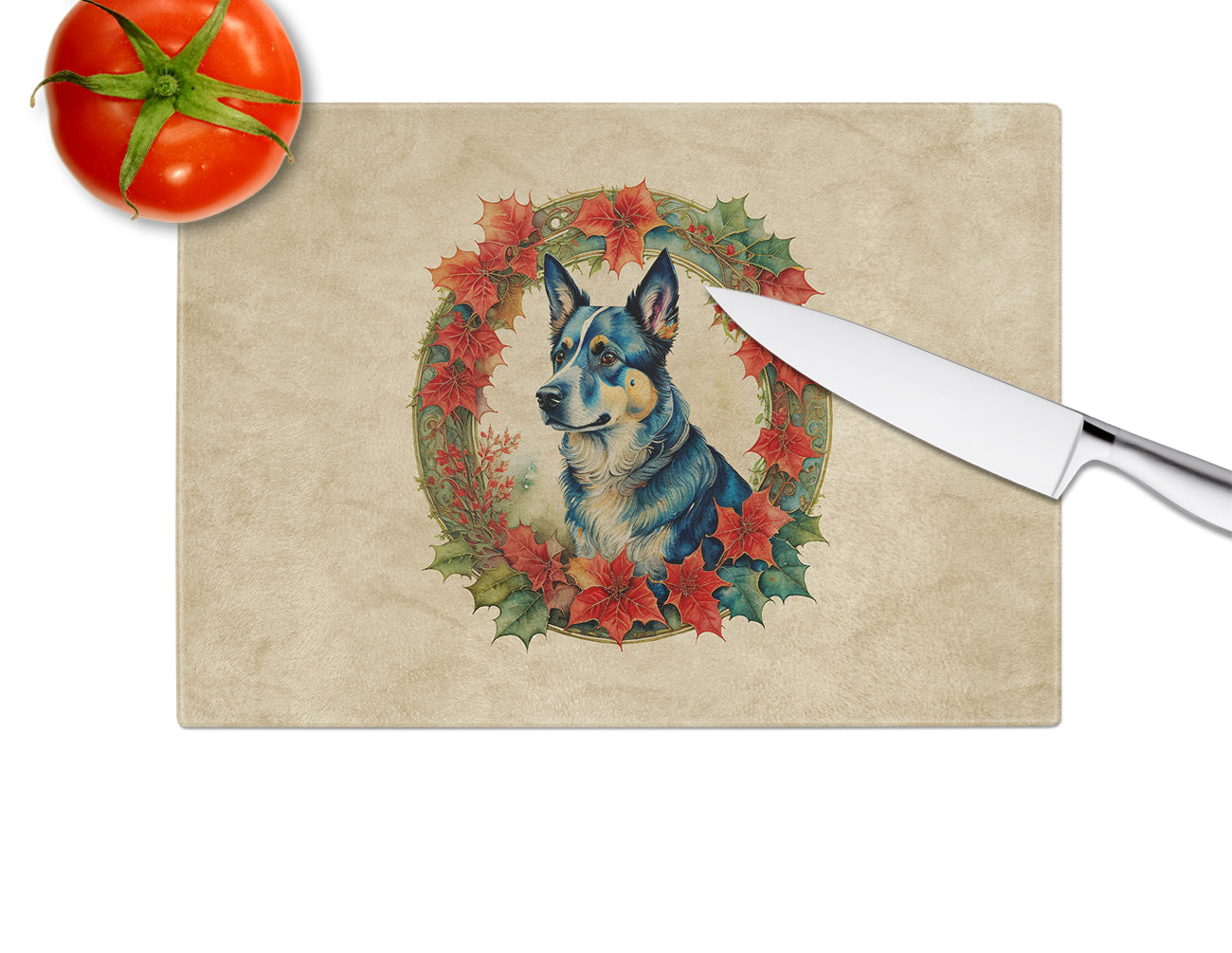 Australian Cattle Dog Christmas Flowers Glass Cutting Board