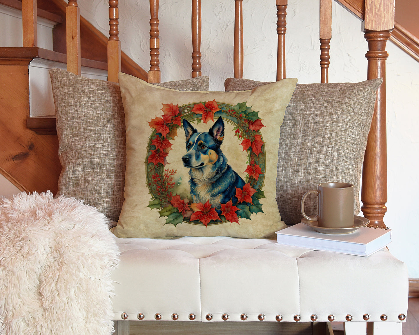 Australian Cattle Dog Christmas Flowers Throw Pillow