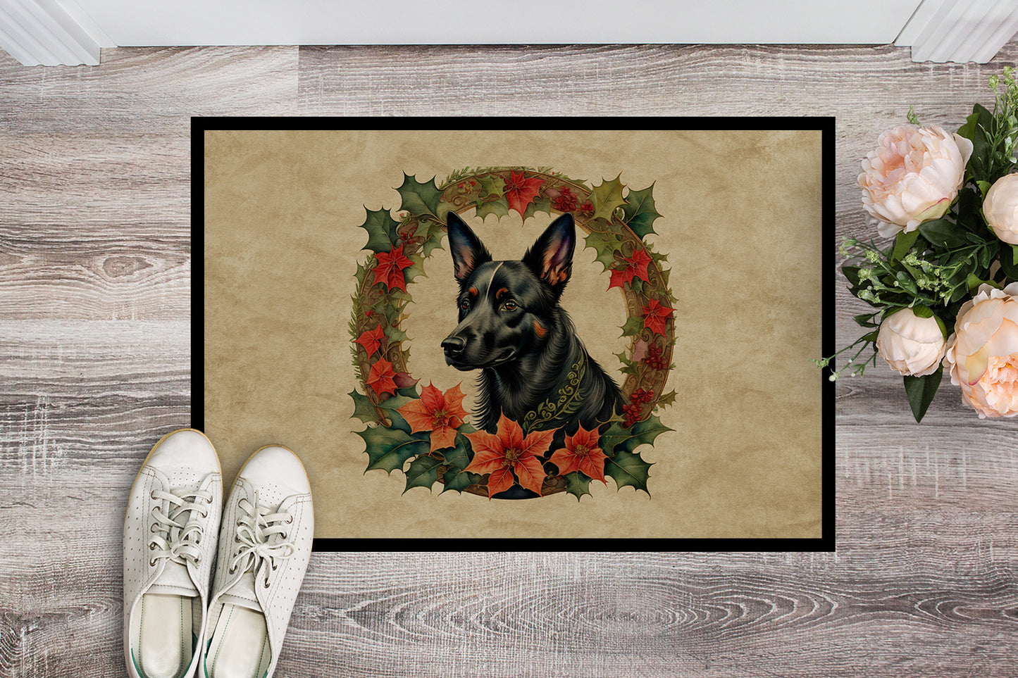 Australian Kelpie Christmas Flowers Doormat