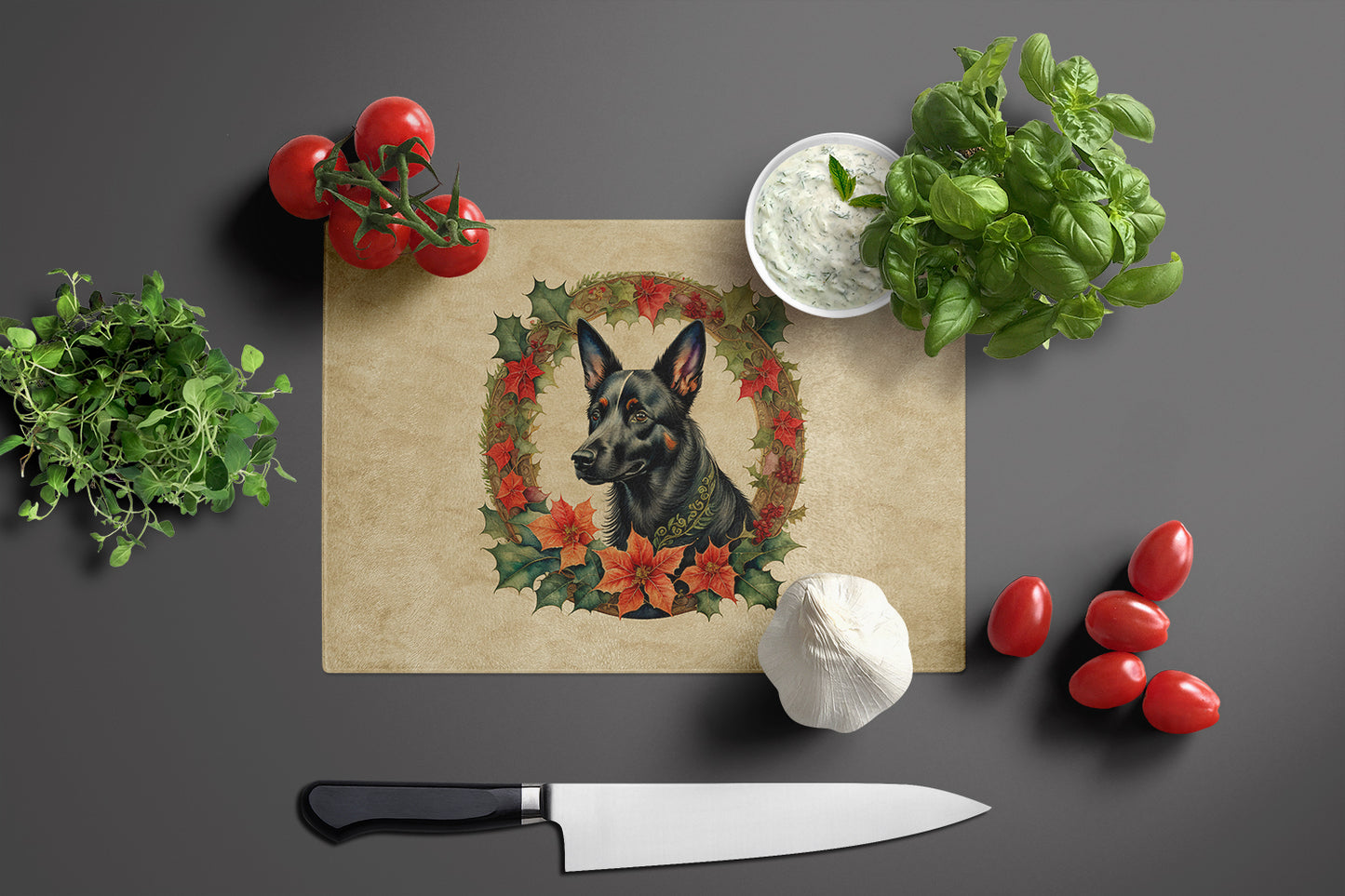 Australian Kelpie Christmas Flowers Glass Cutting Board