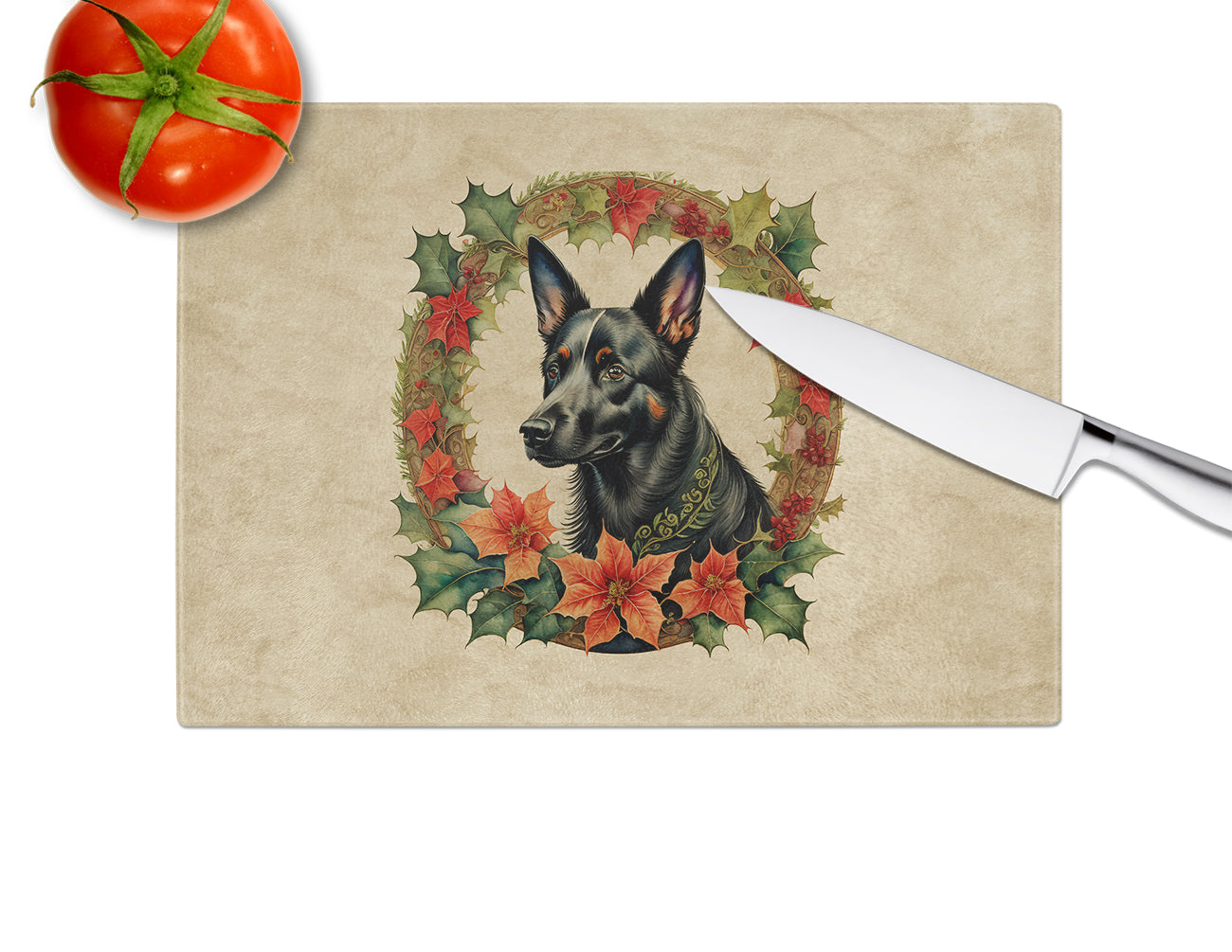 Australian Kelpie Christmas Flowers Glass Cutting Board