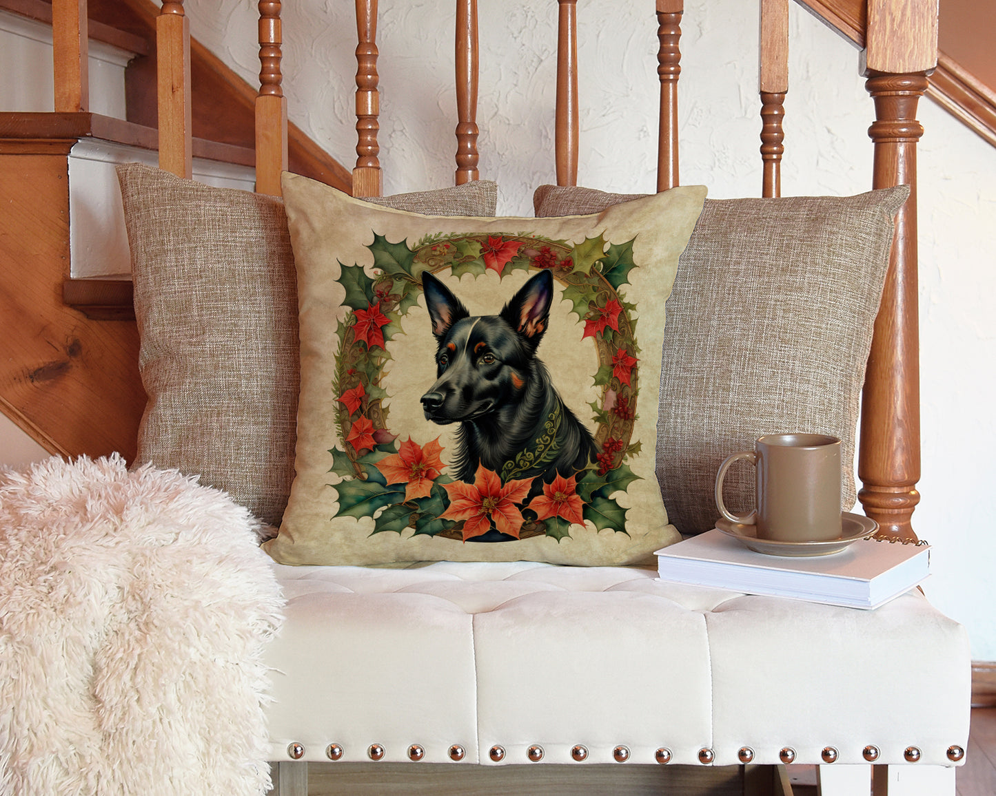 Australian Kelpie Christmas Flowers Throw Pillow