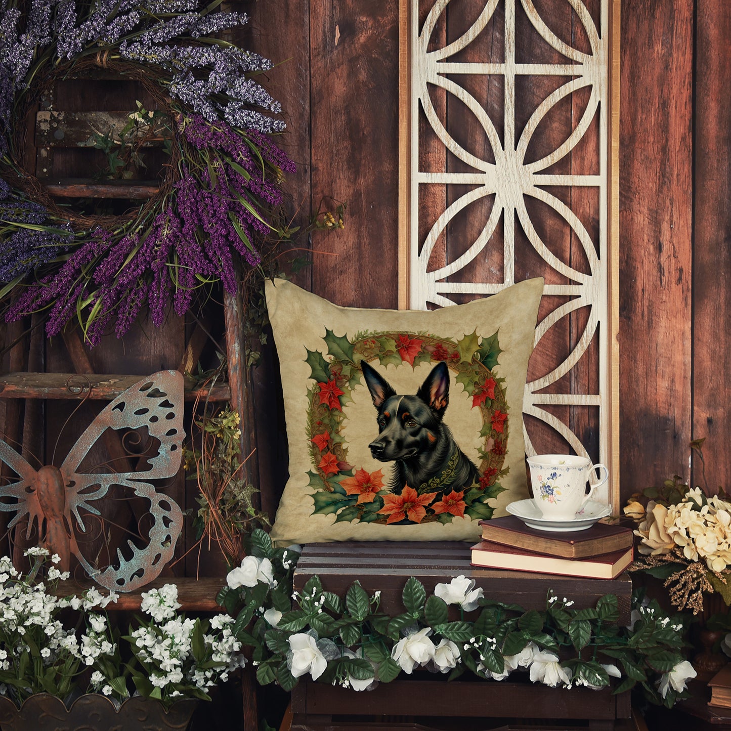 Australian Kelpie Christmas Flowers Throw Pillow