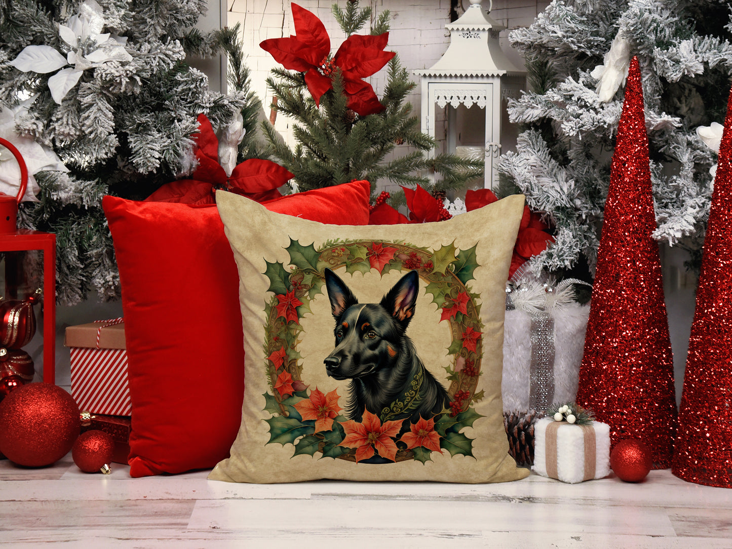 Australian Kelpie Christmas Flowers Throw Pillow