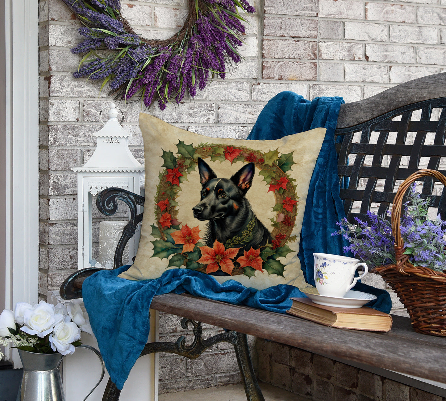 Australian Kelpie Christmas Flowers Throw Pillow