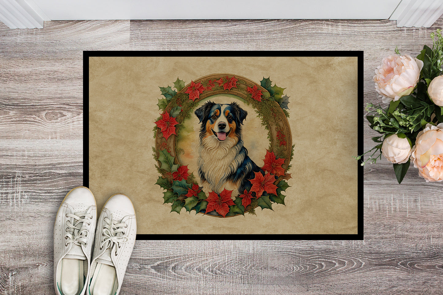 Australian Shepherd Christmas Flowers Doormat